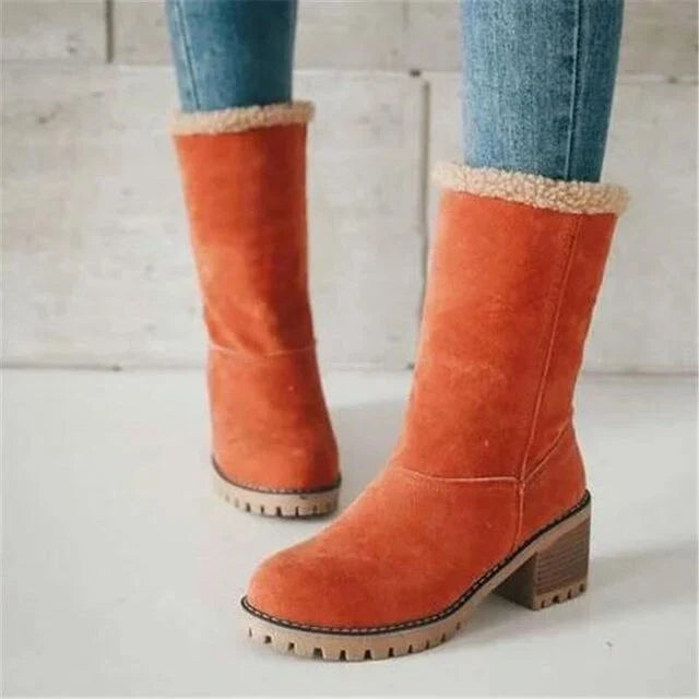 Tessa | Suede Faux Fur Round Toe Pull On Winter Block Heeled Mid Calf Boots Women