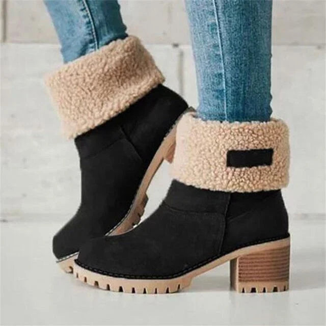 Tessa | Suede Faux Fur Round Toe Pull On Winter Block Heeled Mid Calf Boots Women