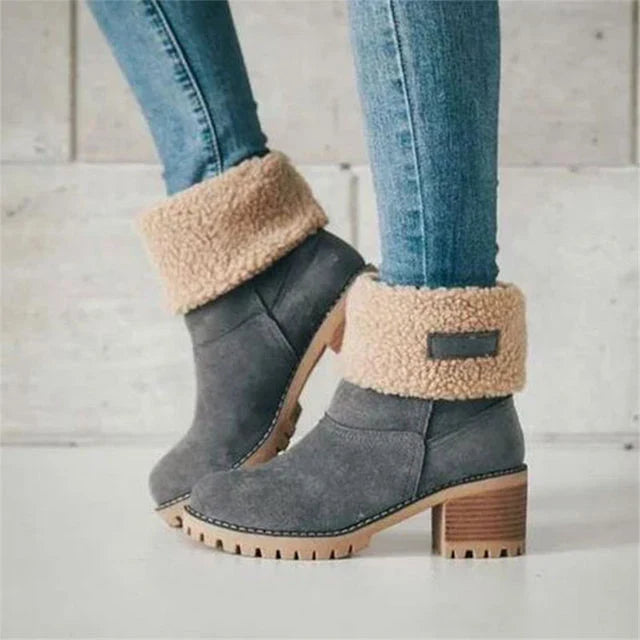 Tessa | Suede Faux Fur Round Toe Pull On Winter Block Heeled Mid Calf Boots Women