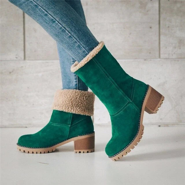 Tessa | Suede Faux Fur Round Toe Pull On Winter Block Heeled Mid Calf Boots Women