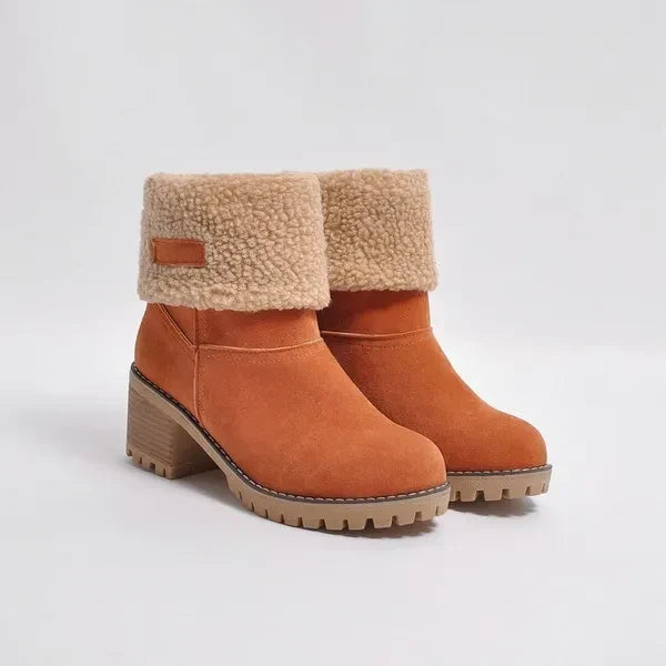Tilly | Fleece Lined Winter Foldover Chunky Block Heeled Pull On Faux Suede Ankle Boots Women