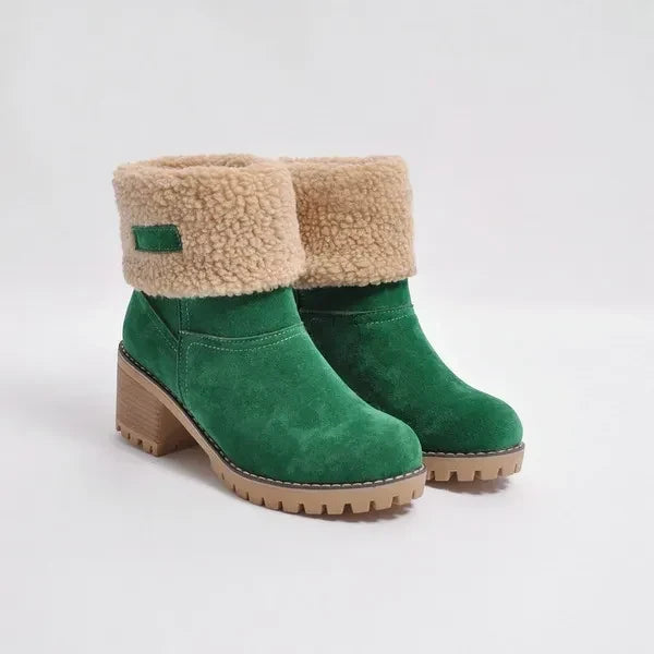 Tilly | Fleece Lined Winter Foldover Chunky Block Heeled Pull On Faux Suede Ankle Boots Women