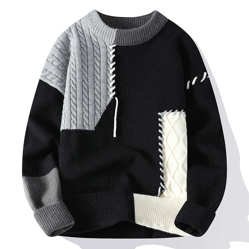 Cable Knit Pullover with Crew Neck - Black | SoleVair