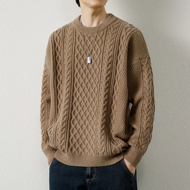 Diamond Cable Knit Sweater with Crew Neck - Brown | SoleVair