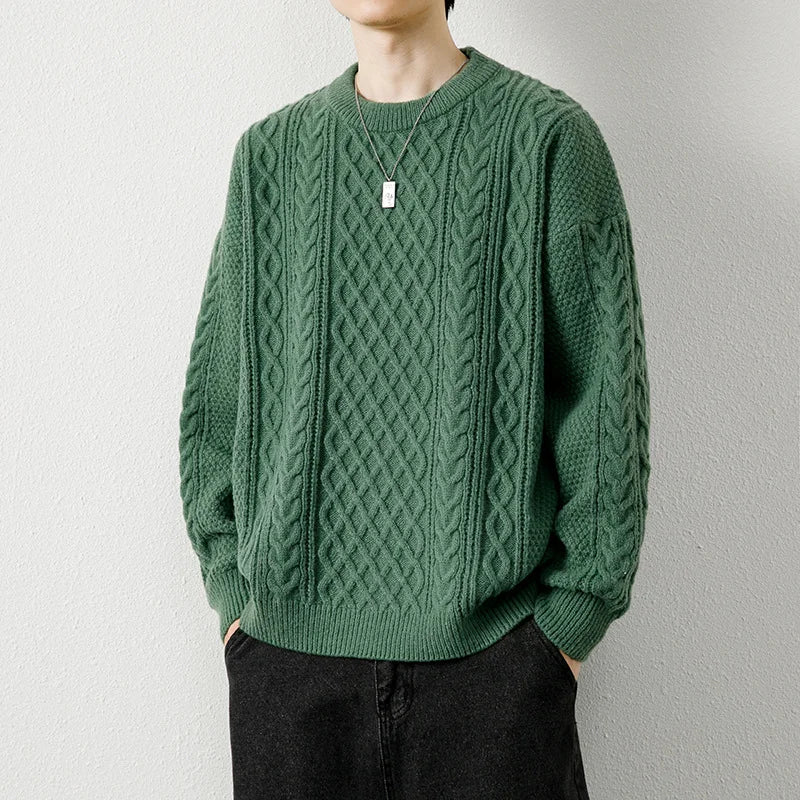 Diamond Cable Knit Sweater with Crew Neck - Green | SoleVair