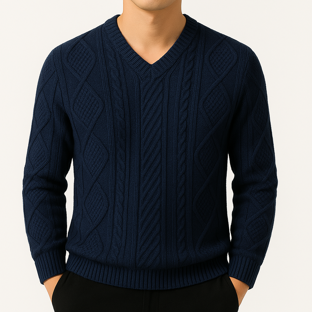 Cable Knit V-Neck Sweater, Long Sleeve - Blue | SoleVair