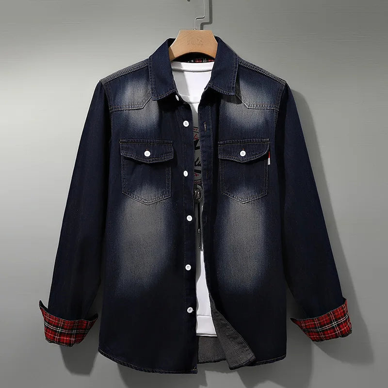 Denim Button-Up Shirt with Plaid Cuffs - Dark Blue | SoleVair