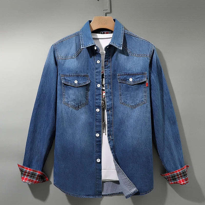 Denim Button-Up Shirt with Plaid Cuffs - Light Blue | SoleVair