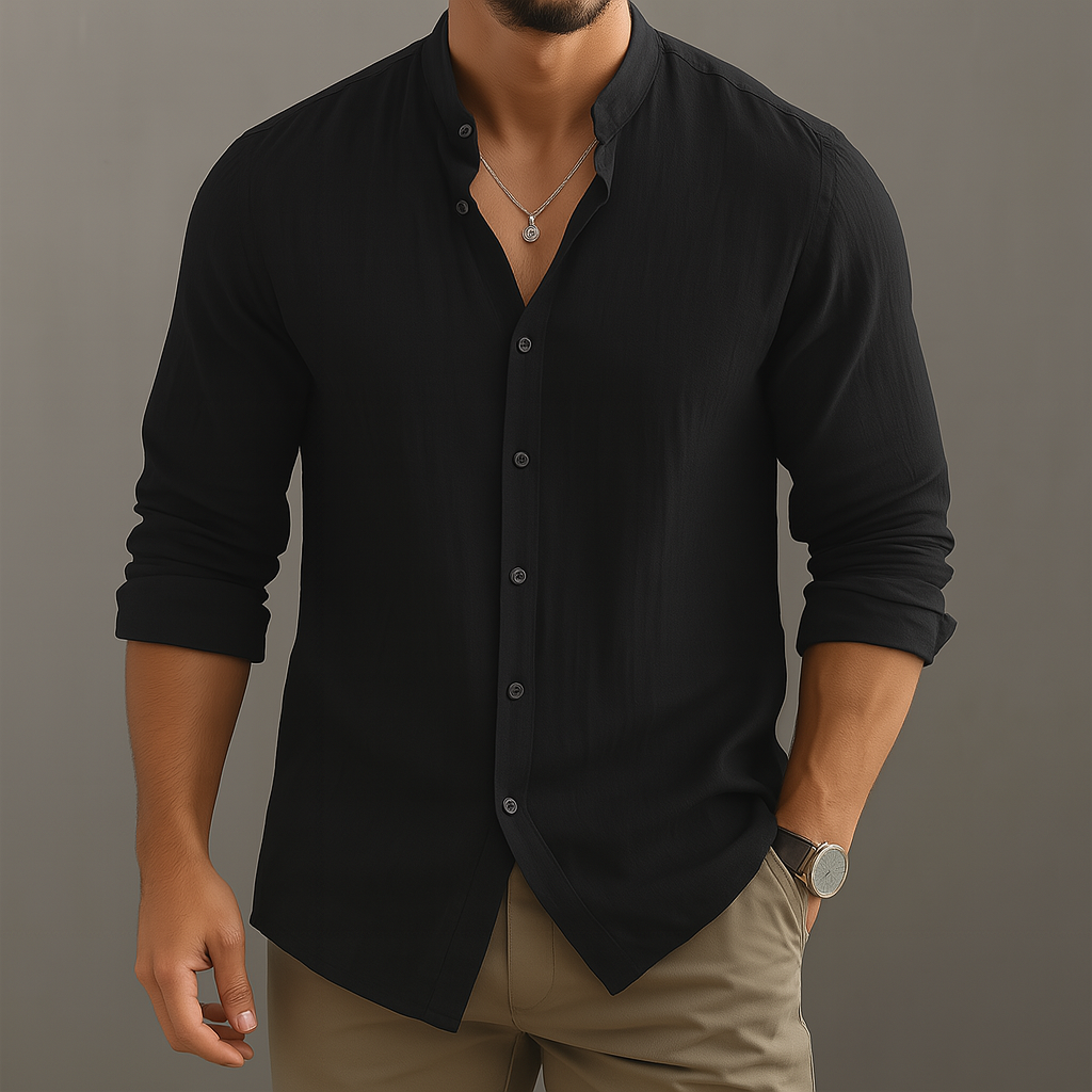 Linen-Look Button-Up Shirt with Band Collar - Black | SoleVair