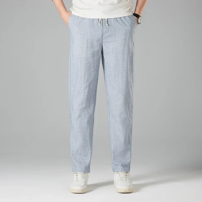 Linen-Look Drawstring Trousers with Open Weave - Blue | SoleVair