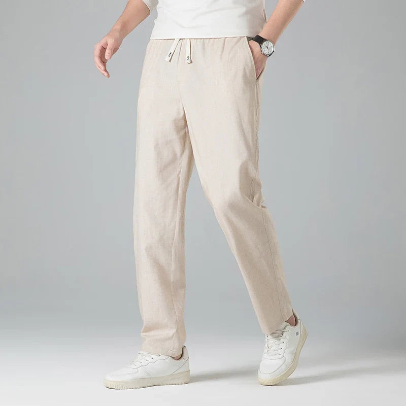Linen-Look Drawstring Trousers with Open Weave - Khaki | SoleVair