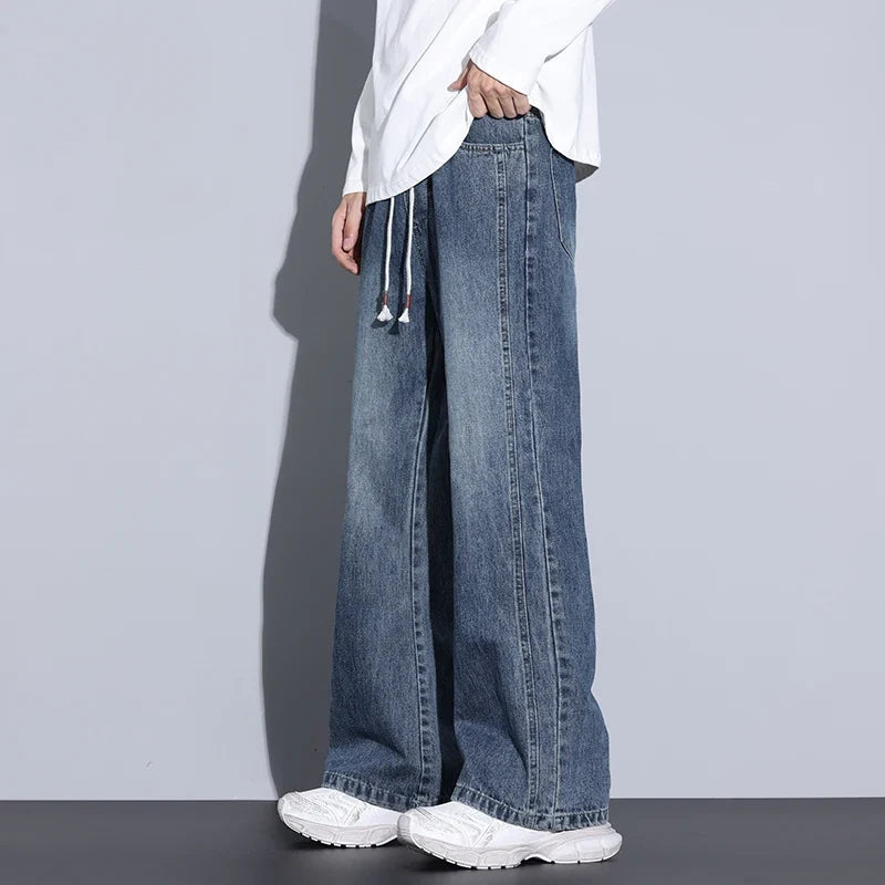 Wide-Leg Denim Jeans with Drawstring - Dark Blue | SoleVair