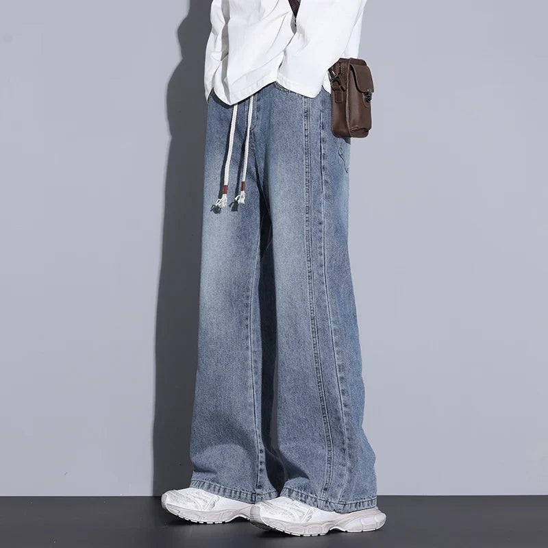 Wide-Leg Denim Jeans with Drawstring - Light Blue | SoleVair