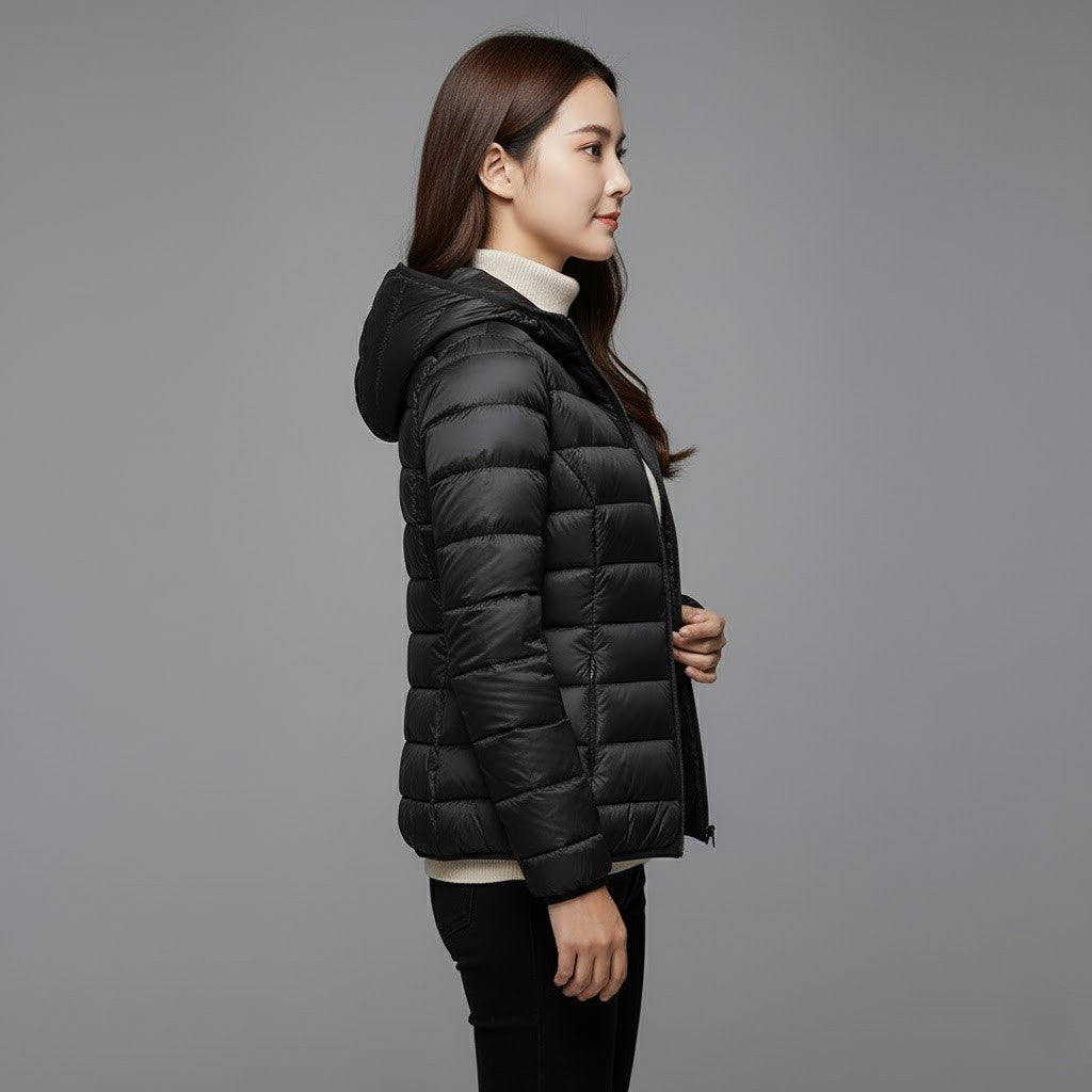 Juno | Winter Hooded Shiny Zip Up Quilted Side Pockets Puffer Jacket Women