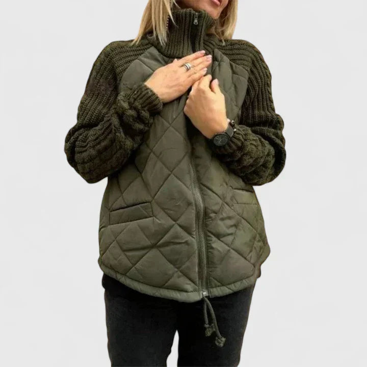 Quilted Jacket with Knit Sleeves and Zip - Light Grey