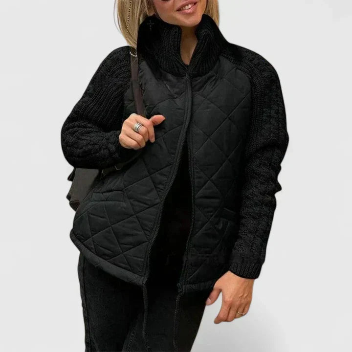 Quilted Jacket with Knit Sleeves and Zip - Light Grey