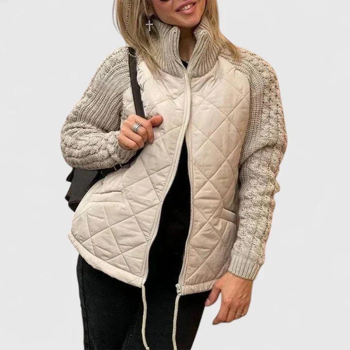Quilted Jacket with Knit Sleeves and Zip - Light Grey