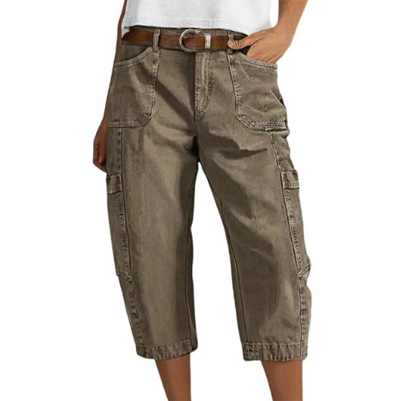 Ivy | High Waisted 3/4 Length Leg Denim Belted Cargo Trousers Women