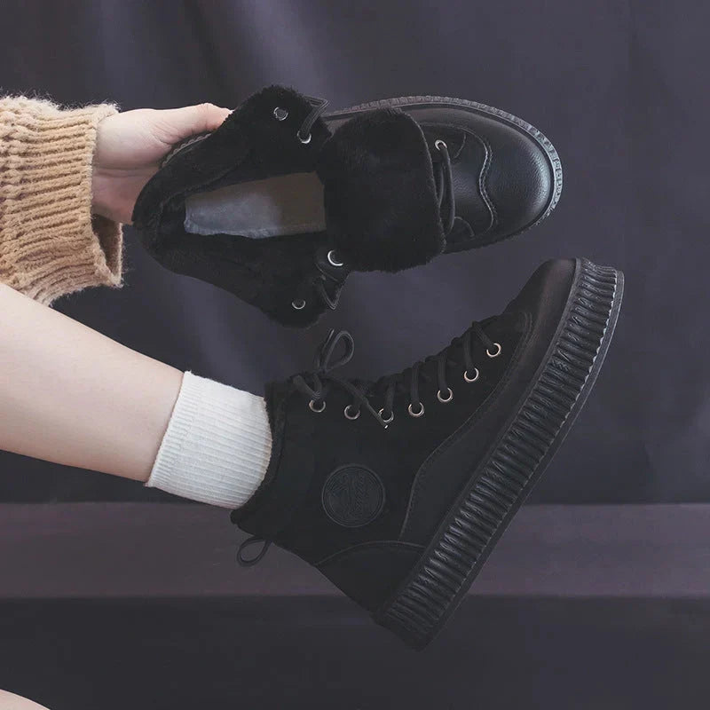 Celia | Faux Fur Lined Winter Suede Flat Round Toe Lace Up Ankle Boots Women