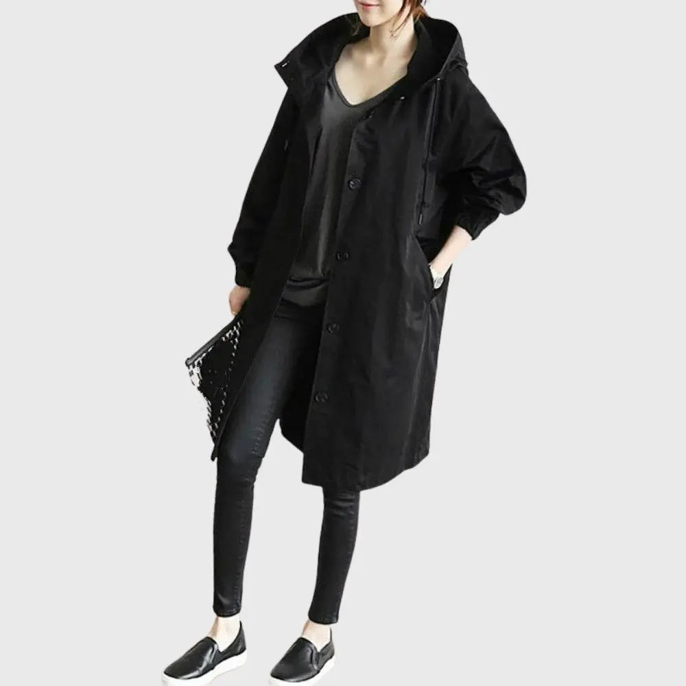 Renee | Drawstring Buttoned Oversized Longline Autumn Hooded Windbreaker Jacket Women