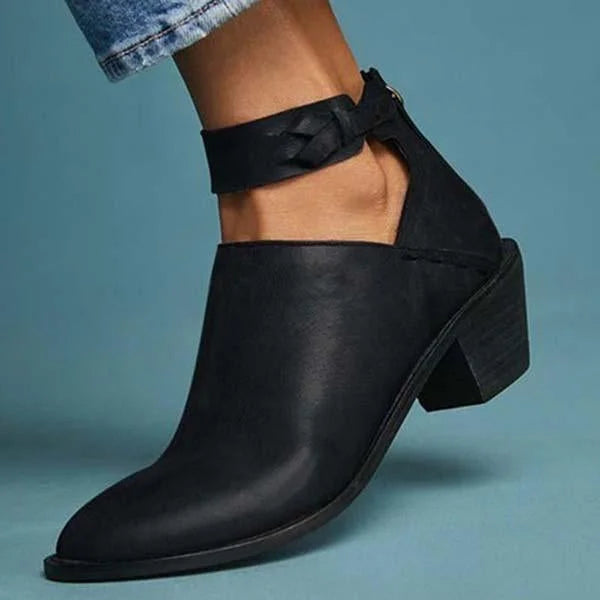 Jolie | Cut Out Block Heeled Pointed Toe Zip Up Autumn Faux Leather Ankle Boots Women