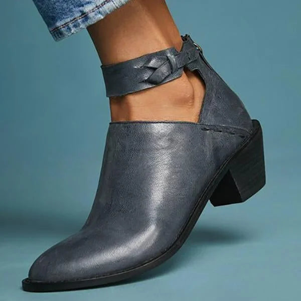 Jolie | Cut Out Block Heeled Pointed Toe Zip Up Autumn Faux Leather Ankle Boots Women