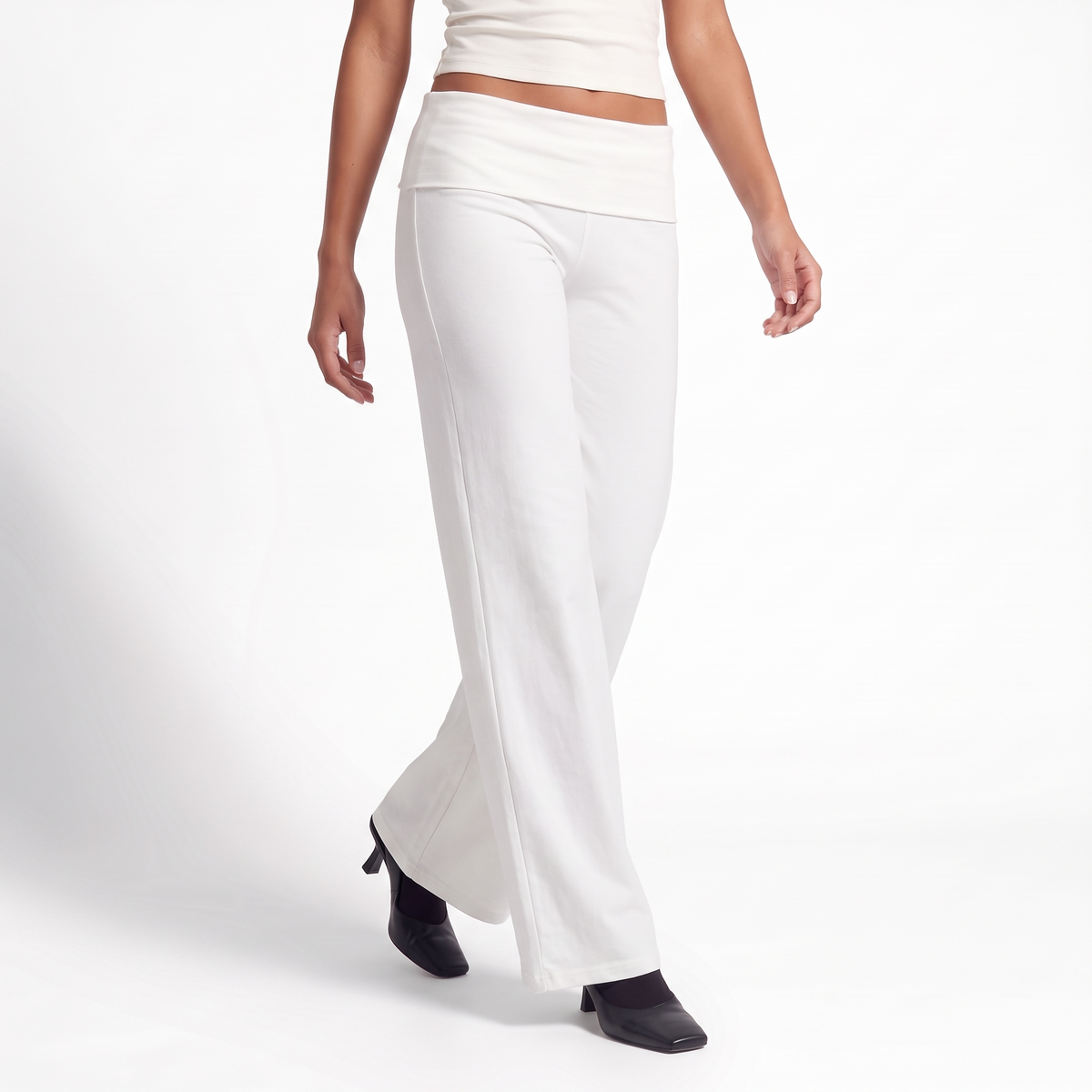Hazel | Fold Over Jersey Flowy Wide Leg Trousers Women