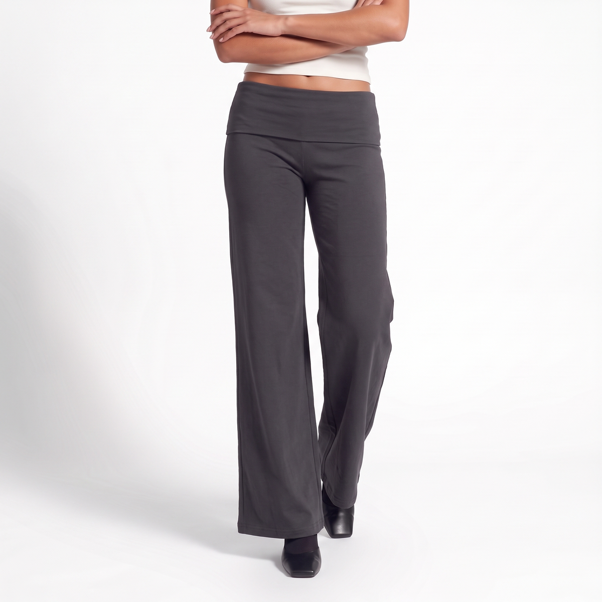 Hazel | Fold Over Jersey Flowy Wide Leg Trousers Women