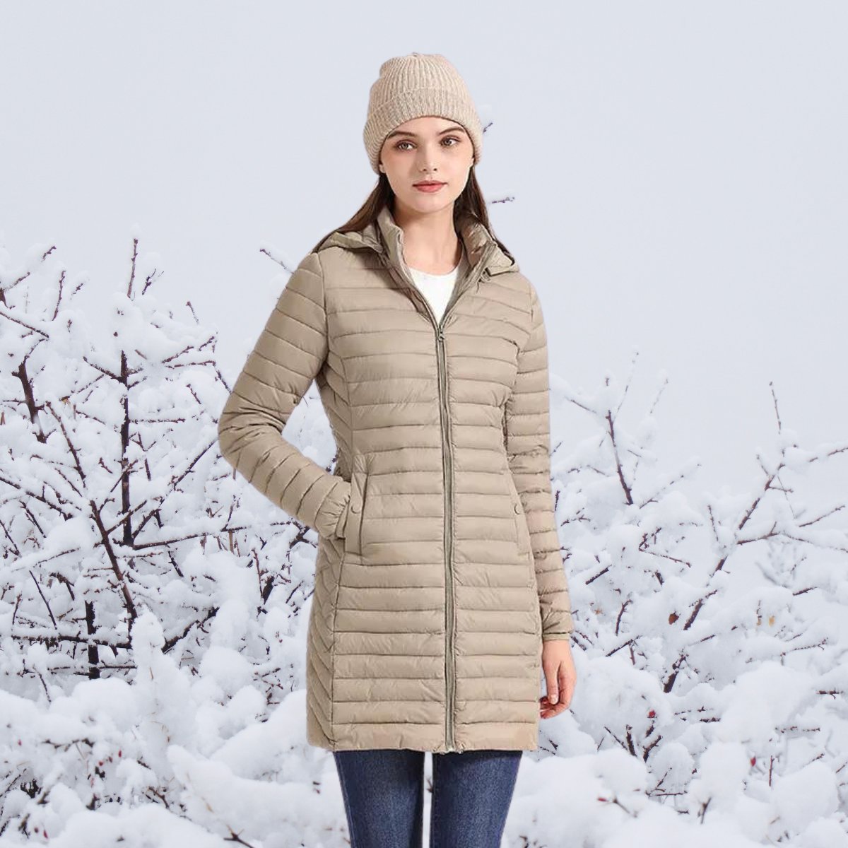 Elsie | Winter Fitted Hooded Zip Up Mid Length Padded Quilted Puffer Coat Women