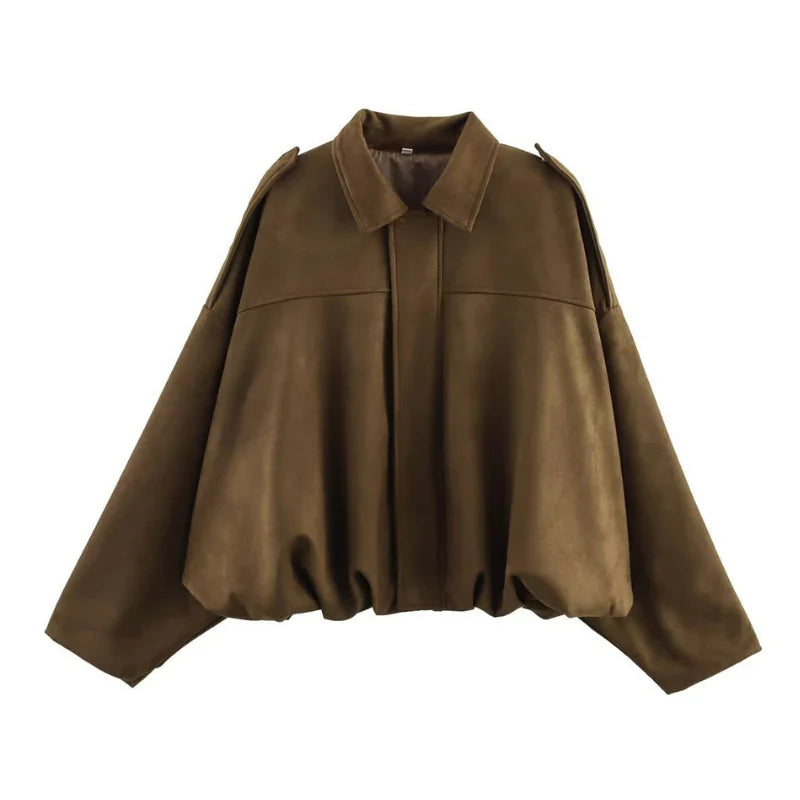 Pippa | Collared Zip Up Faux Suede Oversized Cropped Elasticated Hem Autumn Bomber Jacket Women