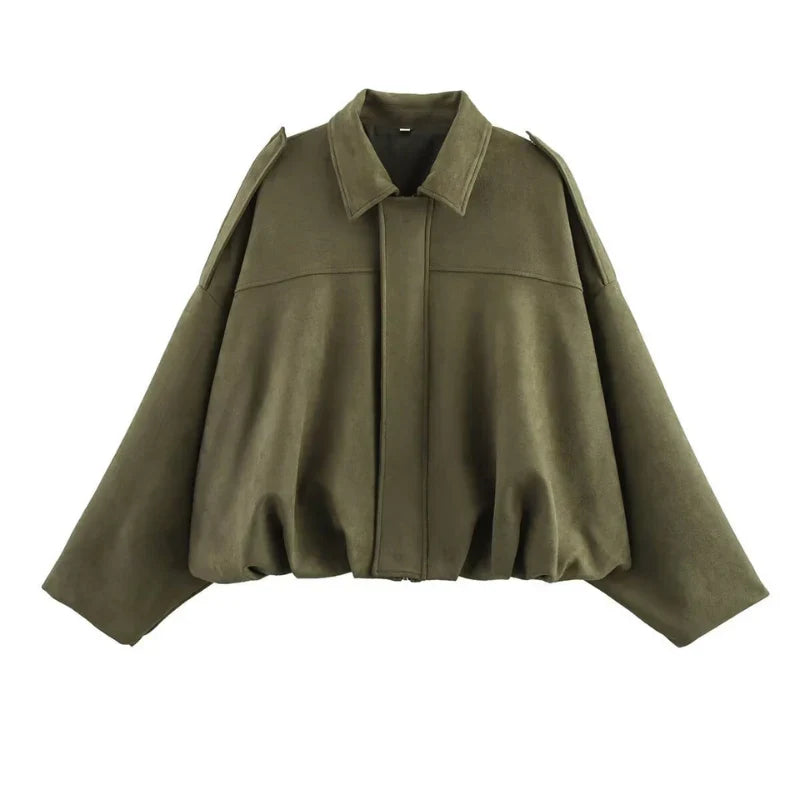 Pippa | Collared Zip Up Faux Suede Oversized Cropped Elasticated Hem Autumn Bomber Jacket Women