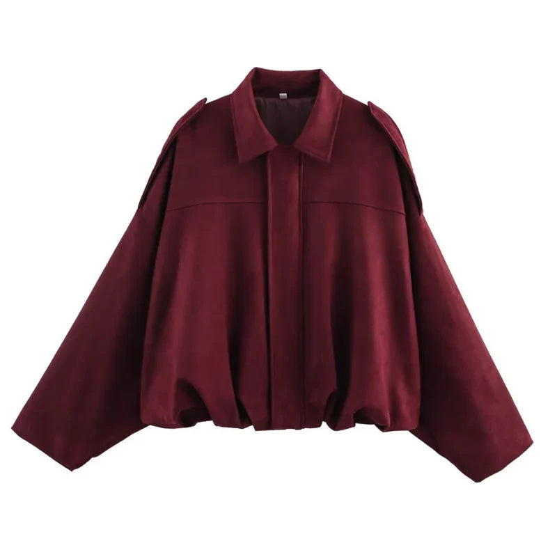 Pippa | Collared Zip Up Faux Suede Oversized Cropped Elasticated Hem Autumn Bomber Jacket Women