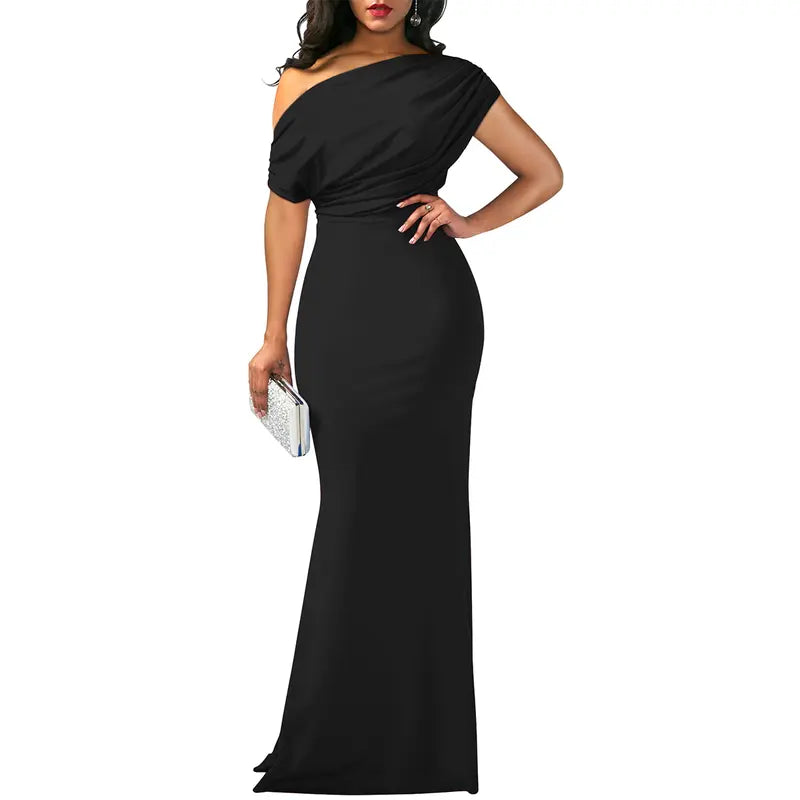 Willa | Asymmetric One Shoulder Draped Mermaid Maxi Wedding Guest Black Tie Dress Women