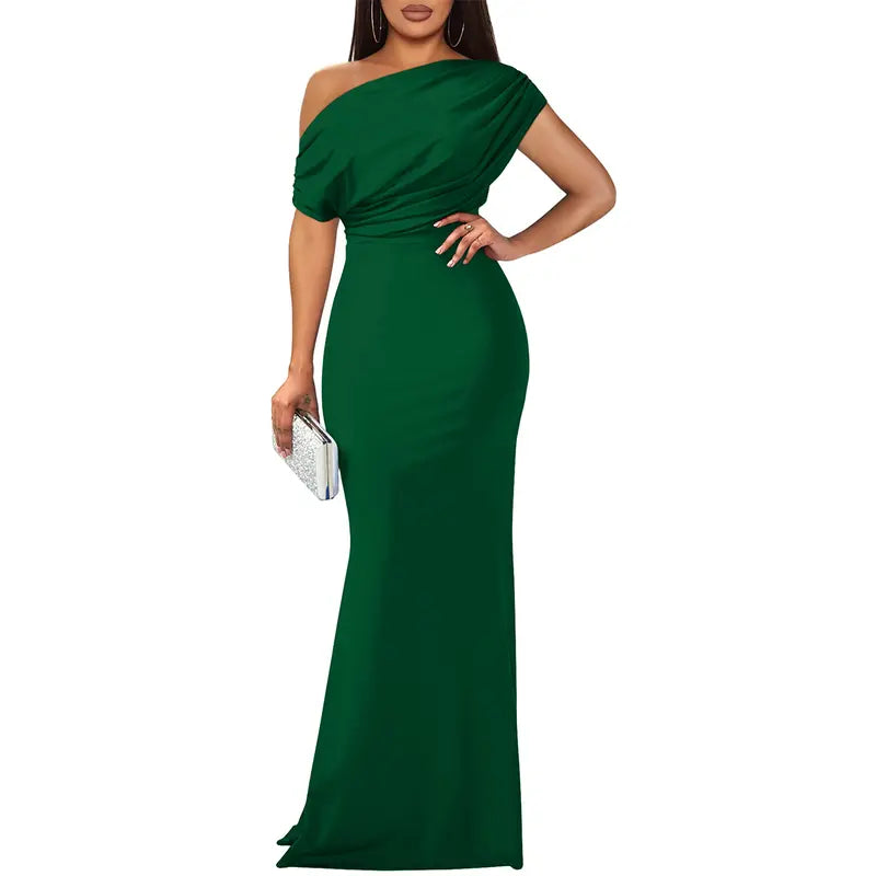 Willa | Asymmetric One Shoulder Draped Mermaid Maxi Wedding Guest Black Tie Dress Women