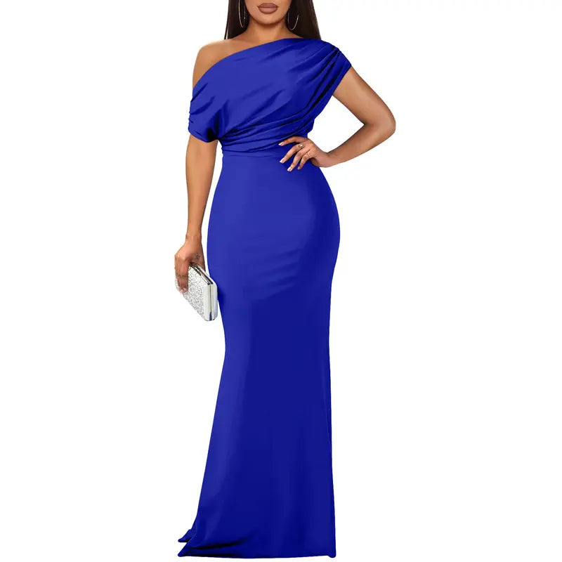 Willa | Asymmetric One Shoulder Draped Mermaid Maxi Wedding Guest Black Tie Dress Women