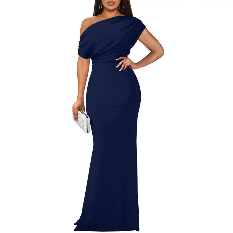 Willa | Asymmetric One Shoulder Draped Mermaid Maxi Wedding Guest Black Tie Dress Women