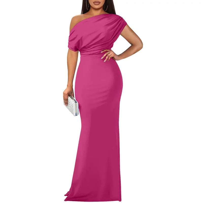 Willa | Asymmetric One Shoulder Draped Mermaid Maxi Wedding Guest Black Tie Dress Women