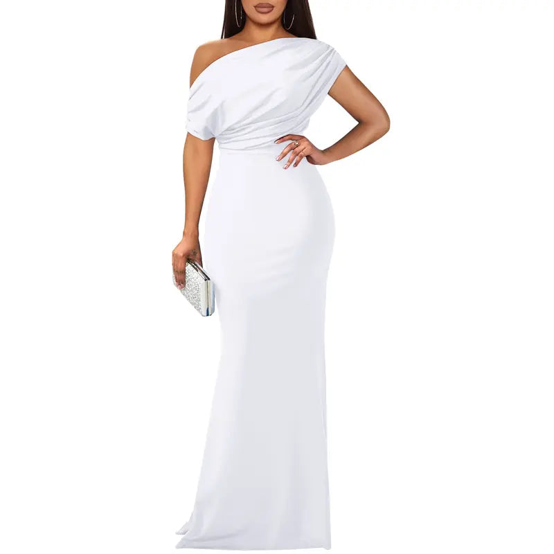 Willa | Asymmetric One Shoulder Draped Mermaid Maxi Wedding Guest Black Tie Dress Women