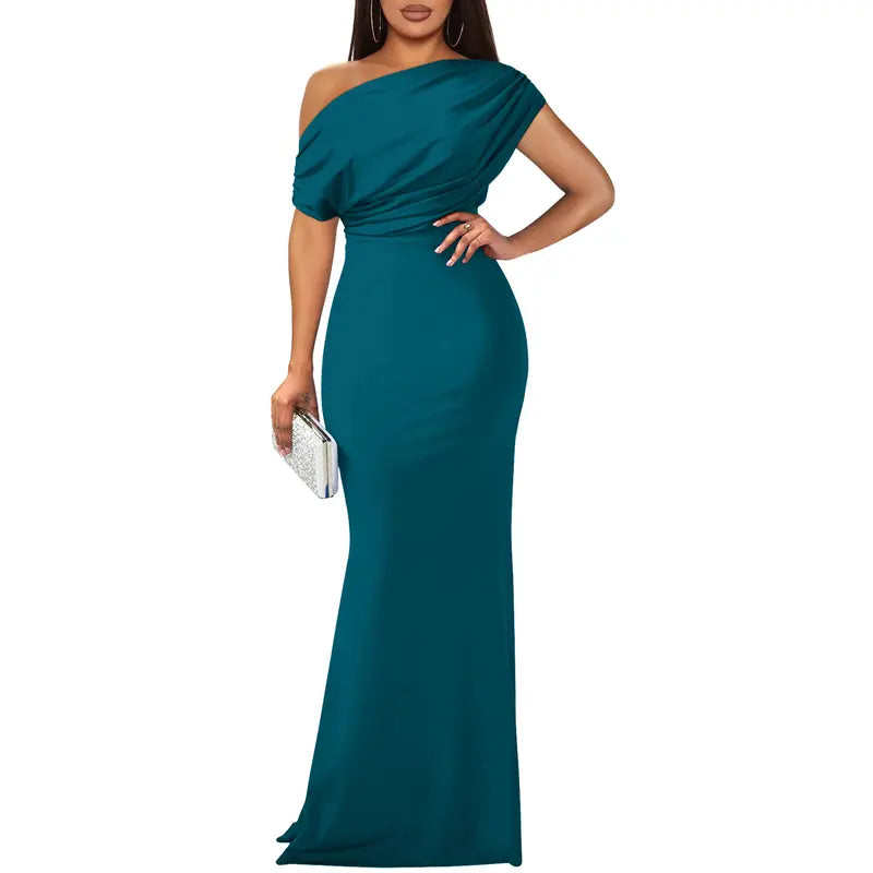 Willa | Asymmetric One Shoulder Draped Mermaid Maxi Wedding Guest Black Tie Dress Women