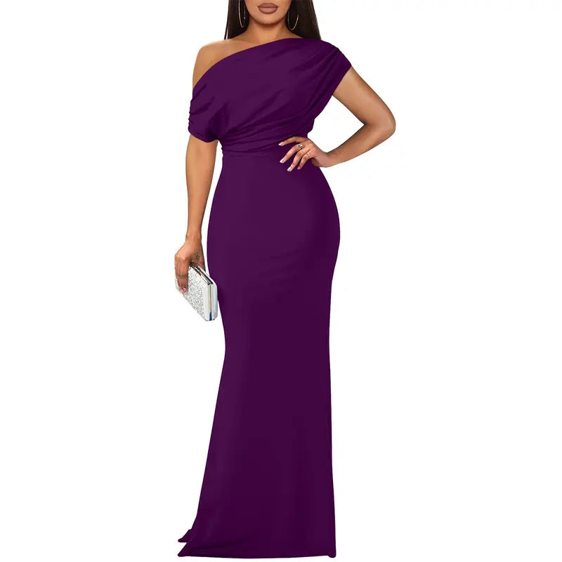 Willa | Asymmetric One Shoulder Draped Mermaid Maxi Wedding Guest Black Tie Dress Women