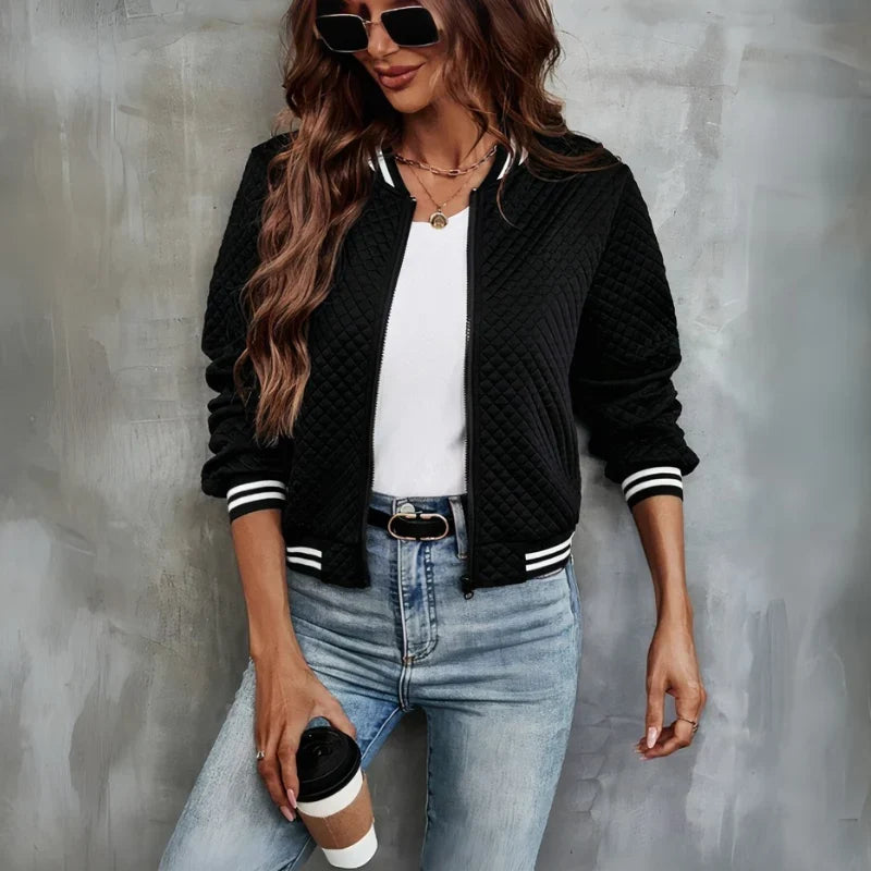 Coco | Striped Quilted Zip Up Autumn Cropped Bomber Jacket Women