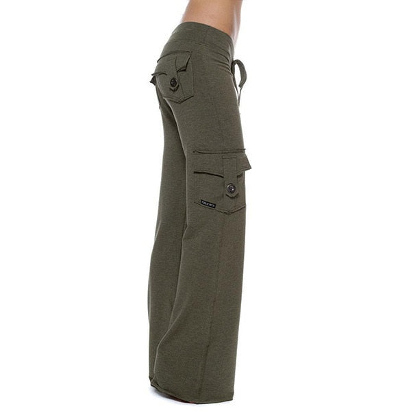 Quinn | Low Rise Drawstring Loose Wide Leg Knit Button Pocket Cargo Trousers Women
