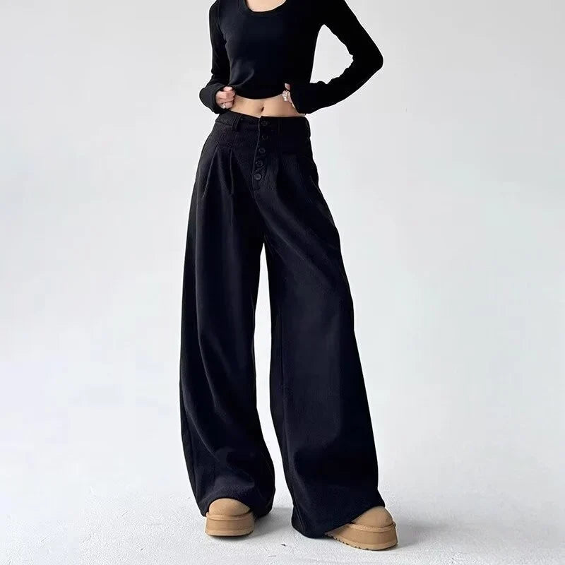 Freya | High Waisted Pleated Button Corduroy Pocket Tailored Wide Leg Palazzo Pants Women