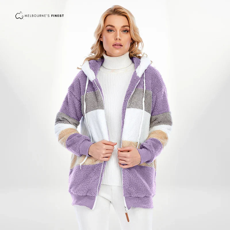 Liz | Colour Block Striped Winter Oversized Hooded Full Zip Sherpa Drawstring Fleece Jacket Women