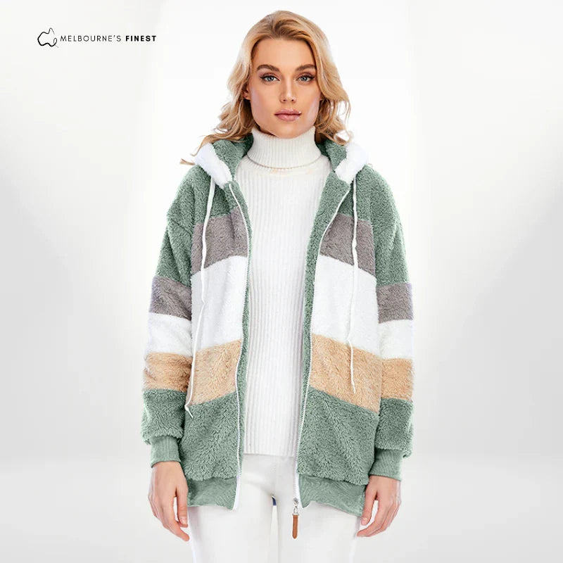 Liz | Colour Block Striped Winter Oversized Hooded Full Zip Sherpa Drawstring Fleece Jacket Women