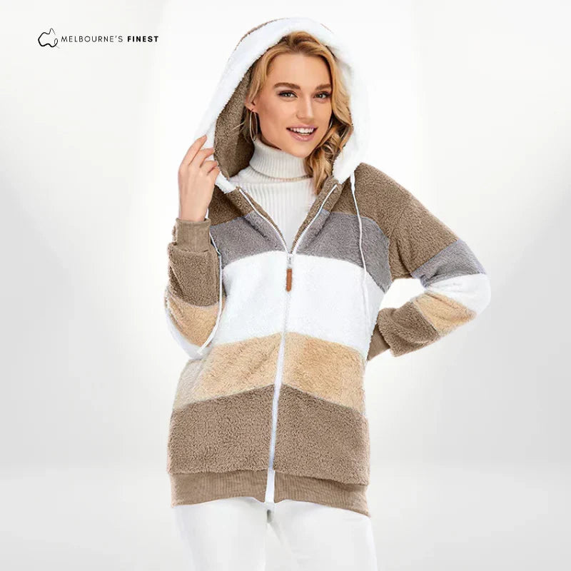 Liz | Colour Block Striped Winter Oversized Hooded Full Zip Sherpa Drawstring Fleece Jacket Women