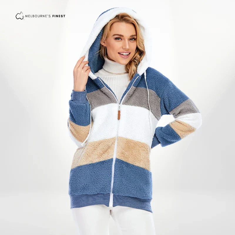 Liz | Colour Block Striped Winter Oversized Hooded Full Zip Sherpa Drawstring Fleece Jacket Women