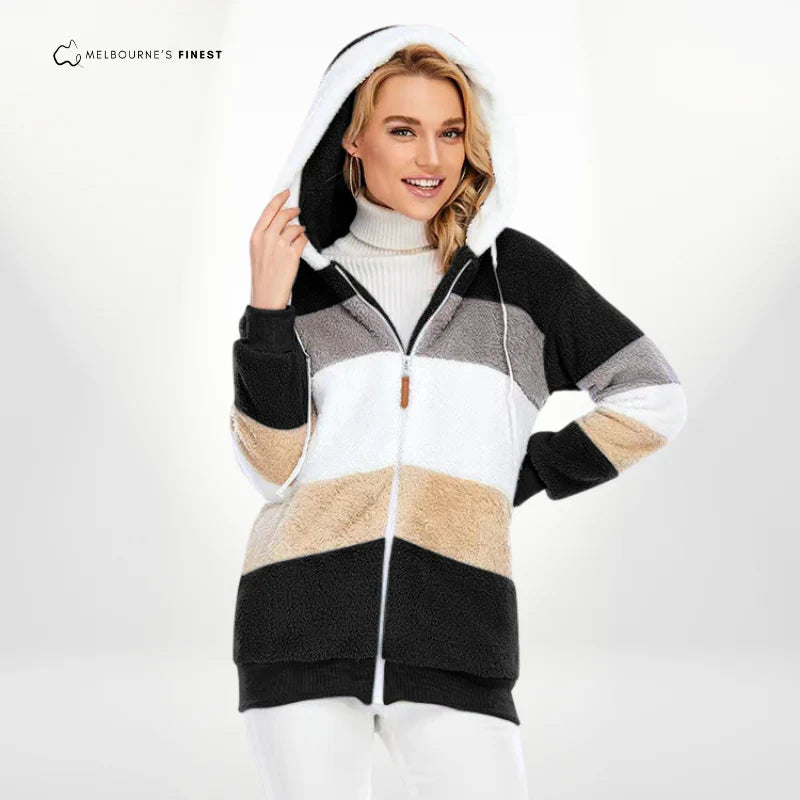 Liz | Colour Block Striped Winter Oversized Hooded Full Zip Sherpa Drawstring Fleece Jacket Women
