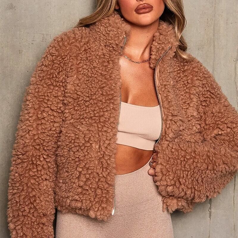 Peggy | Winter Oversized Cropped Funnel Neck Full Zip Sherpa Fleece Jacket Women