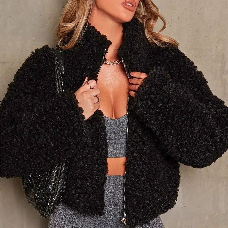 Peggy | Winter Oversized Cropped Funnel Neck Full Zip Sherpa Fleece Jacket Women